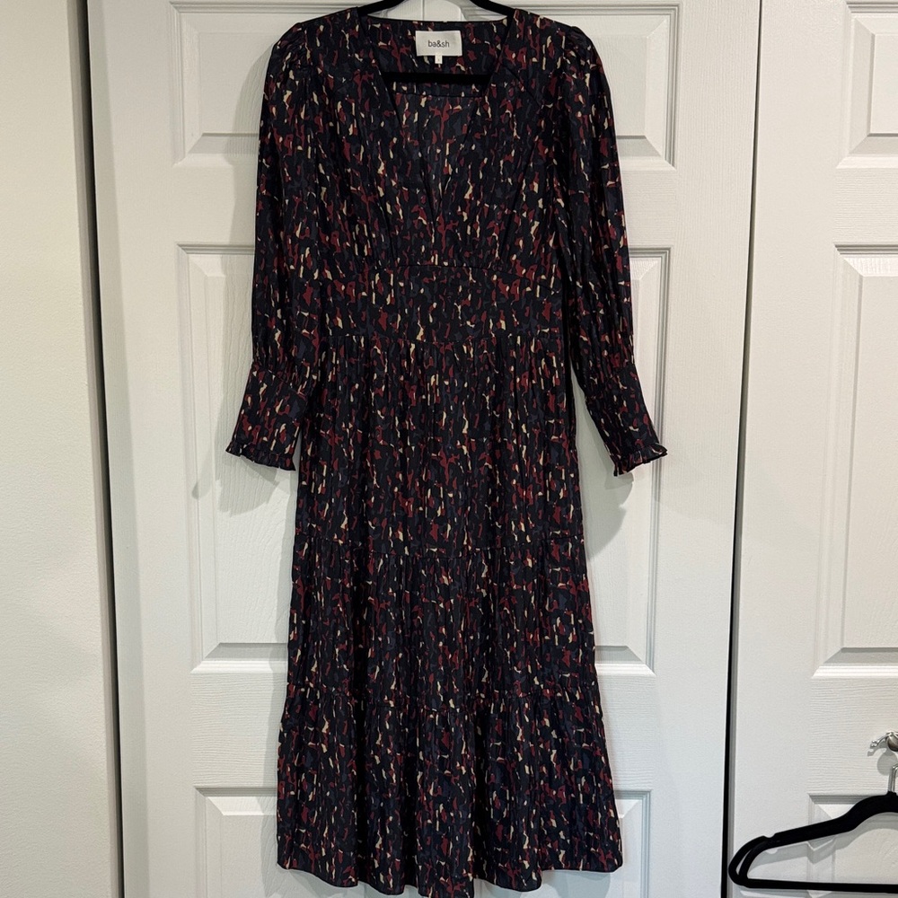 ba&sh Long Sleeve Dress in Black with Red and Yellow Patterns